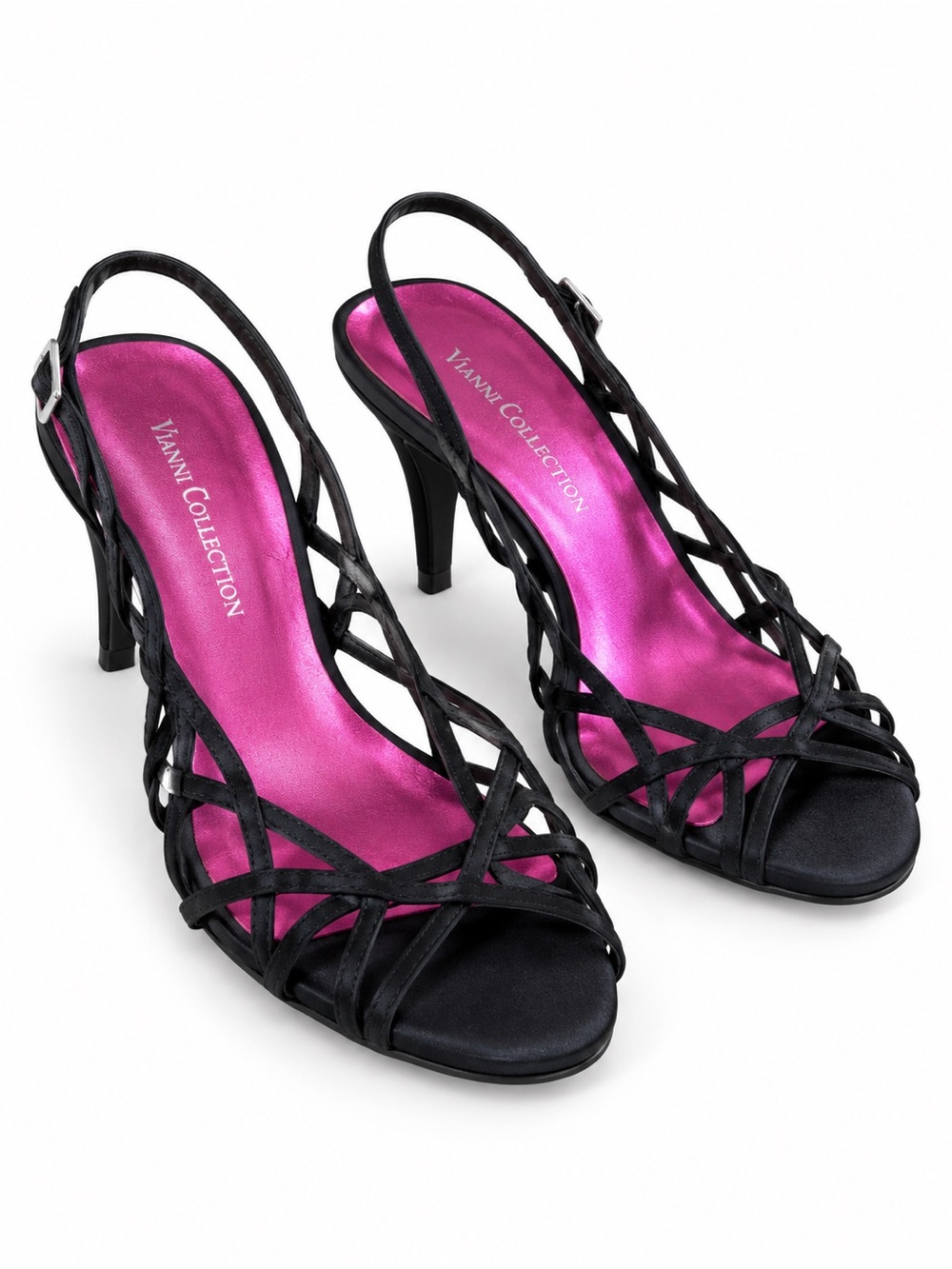 Vianni black satin strappy peep toe high heel dressy formal sandals 7.5